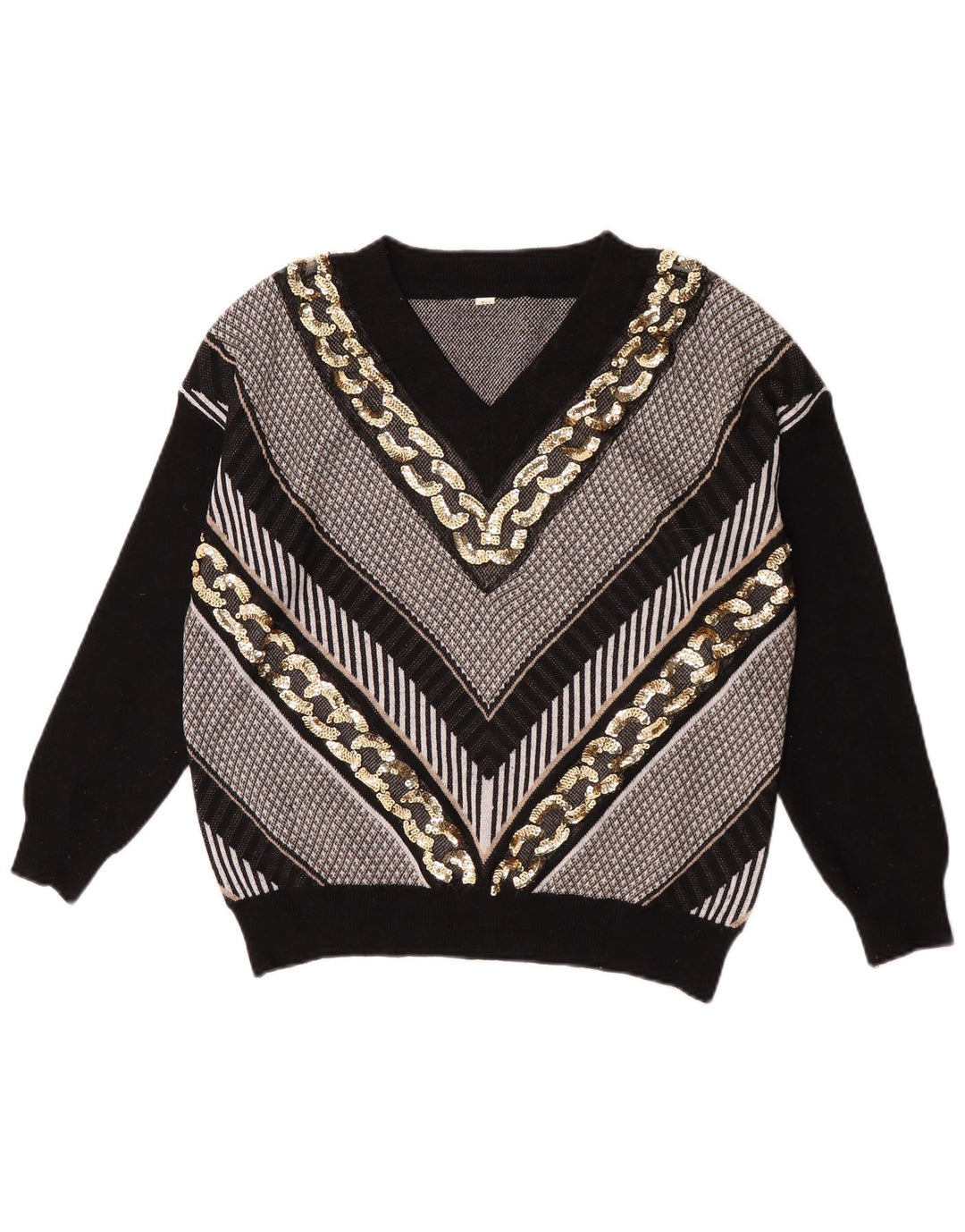 Vintage Womens V-Neck Jumper Sweater UK 14 Large Black Striped Polyester
