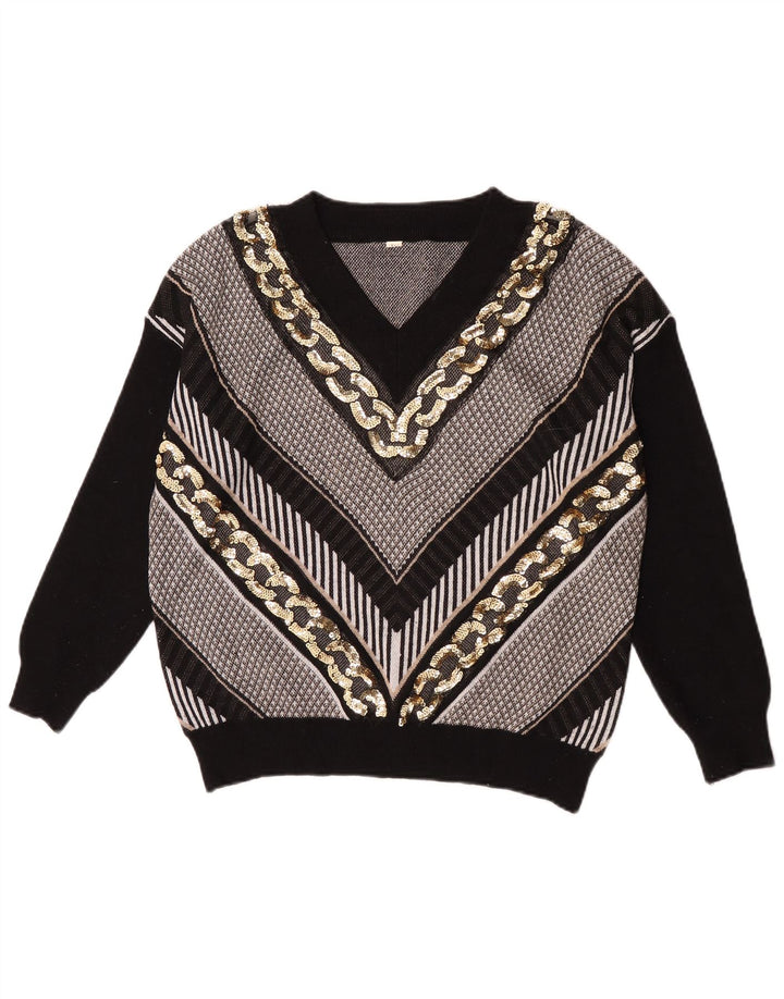 Vintage Womens V-Neck Jumper Sweater UK 14 Large Black Striped Polyester