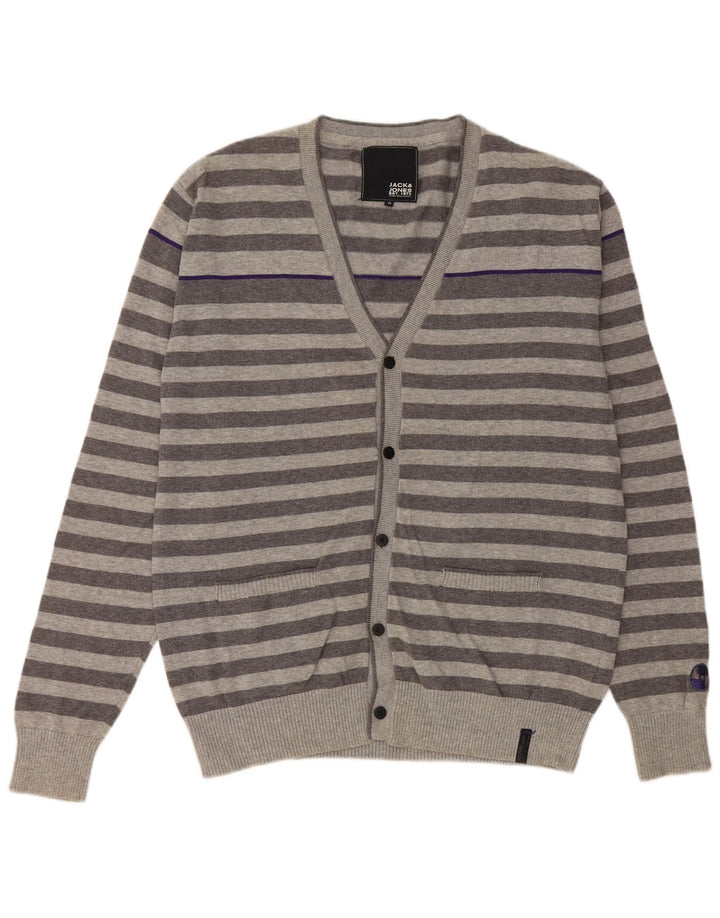 JACK & JONES Mens Cardigan Sweater XL Grey Striped Cotton