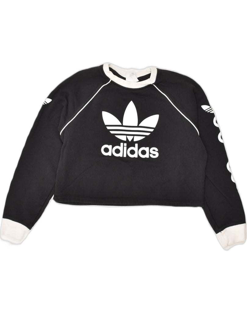 ADIDAS Womens Graphic Crop Sweatshirt Jumper UK 12 Medium  Black Cotton | Vintage Adidas | Thrift | Second-Hand Adidas | Used Clothing | Messina Hembry 