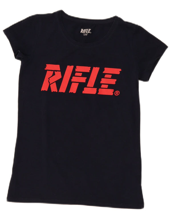 Rifle Womens Graphic T-Shirt Top UK 12 Medium Navy Blue Cotton