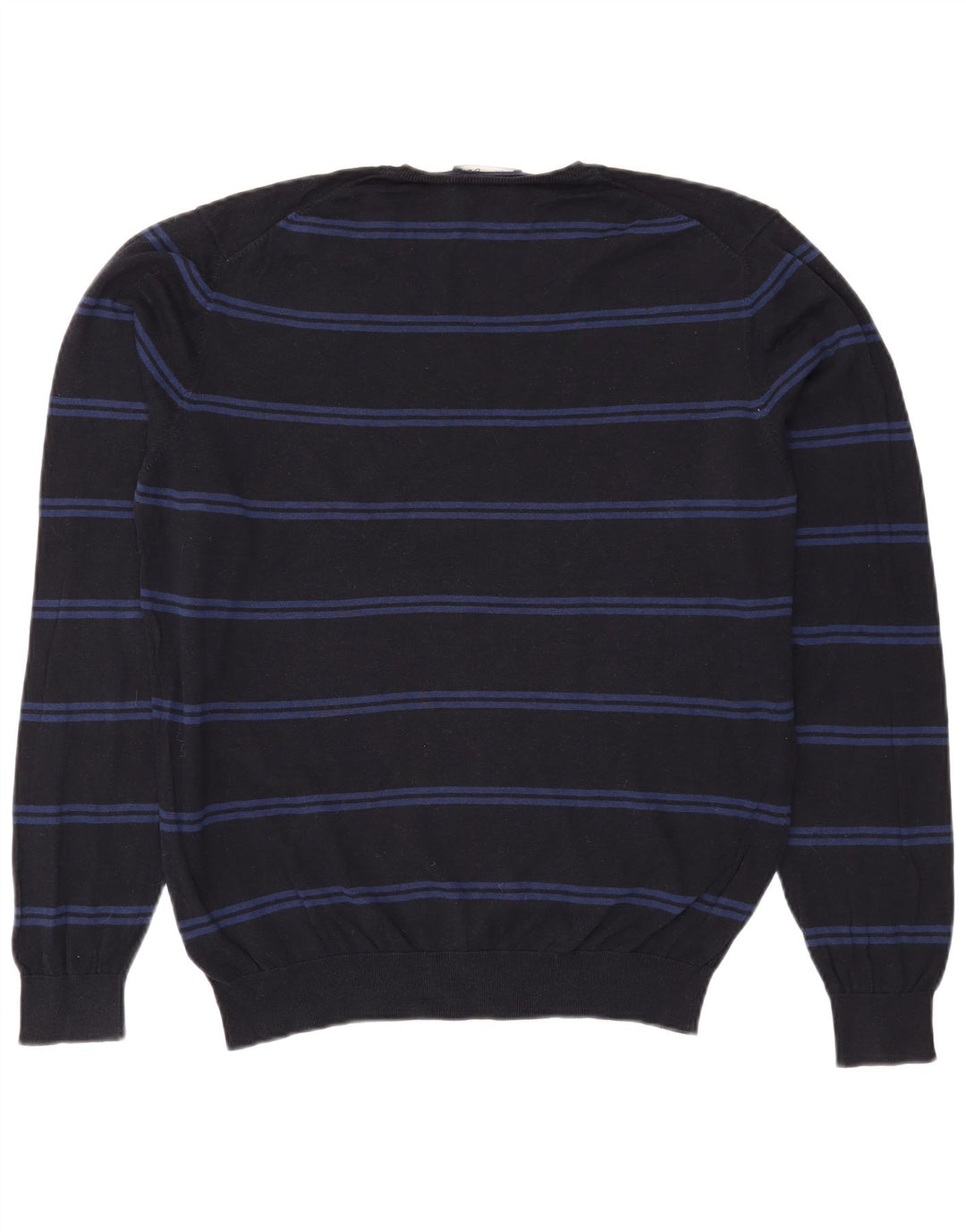 Massimo Dutti Mens V-Neck Jumper Sweater Large Black Striped Cotton