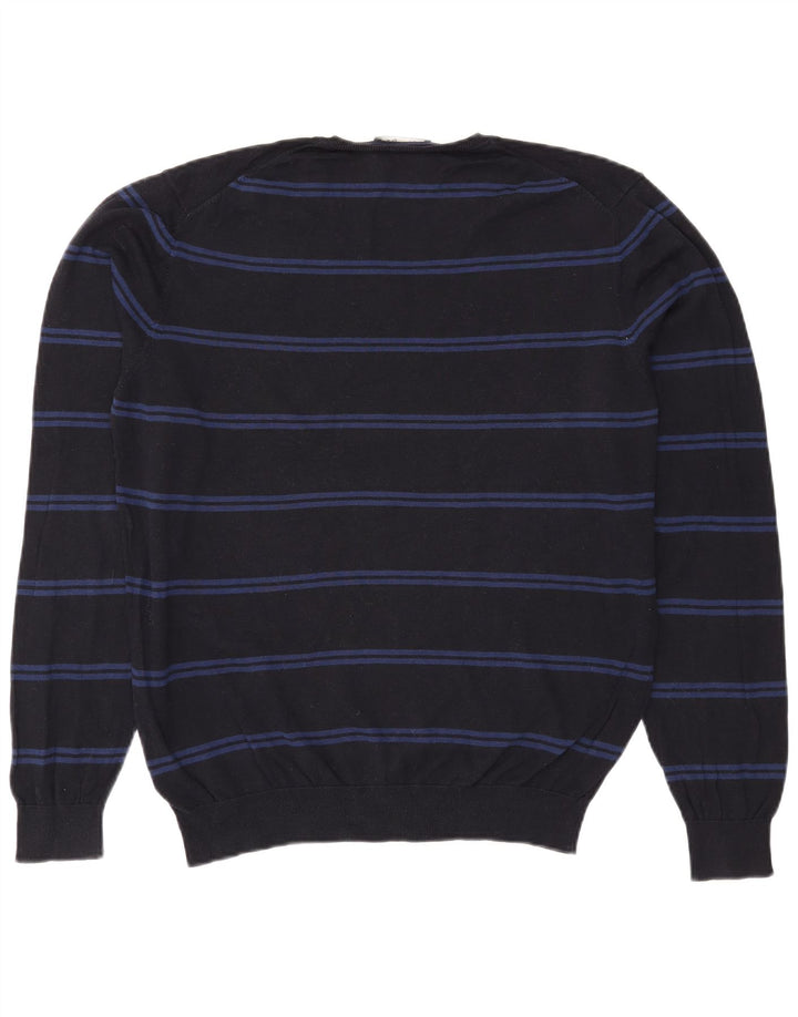 Massimo Dutti Mens V-Neck Jumper Sweater Large Black Striped Cotton
