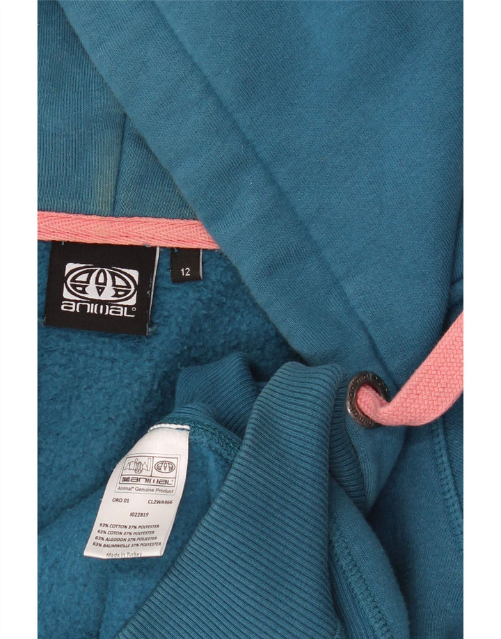 ANIMAL Womens Graphic Zip Hoodie Sweater UK 12 Medium Blue Cotton