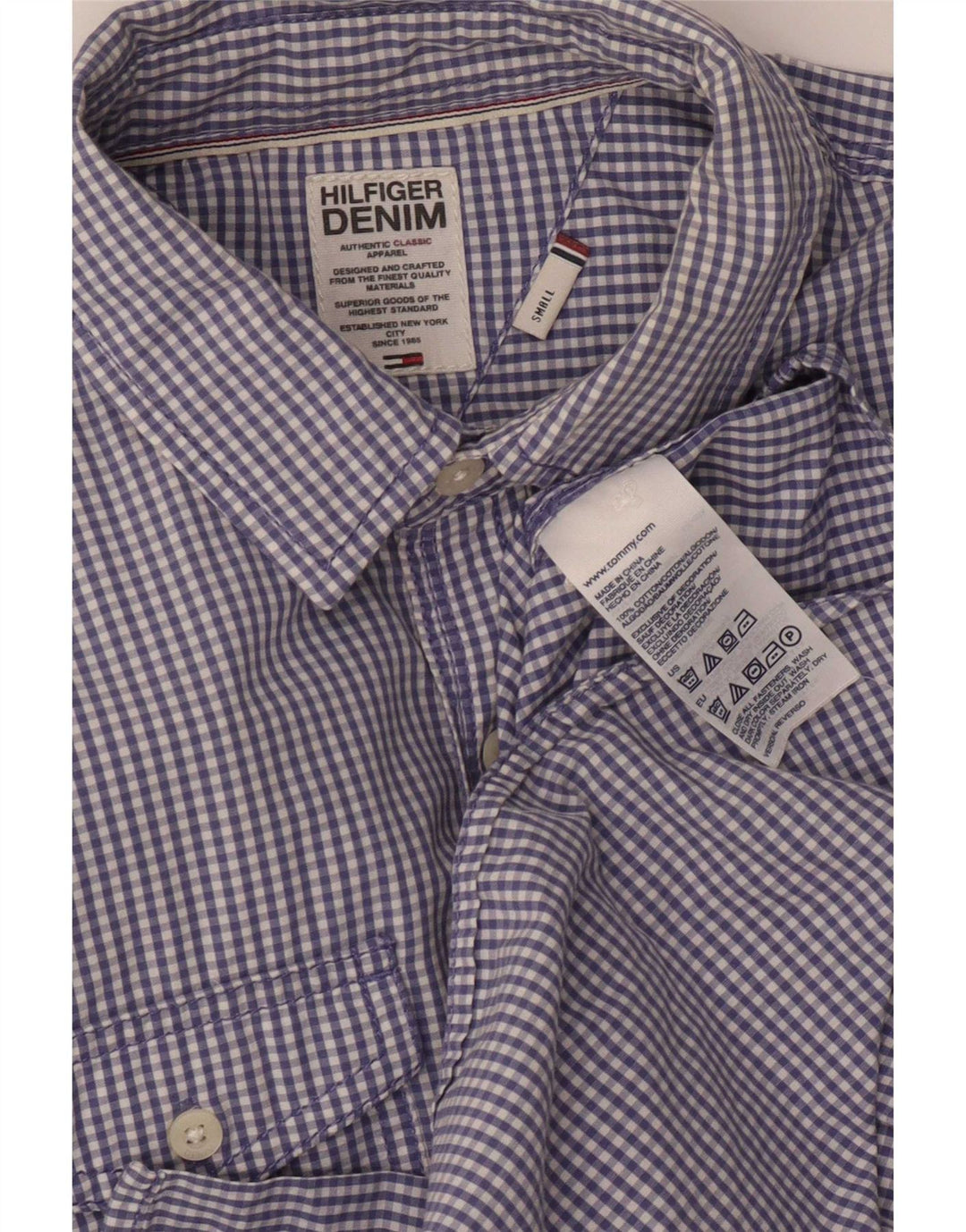 Tommy Hilfiger Mens Military Shirt Small Blue Gingham Cotton