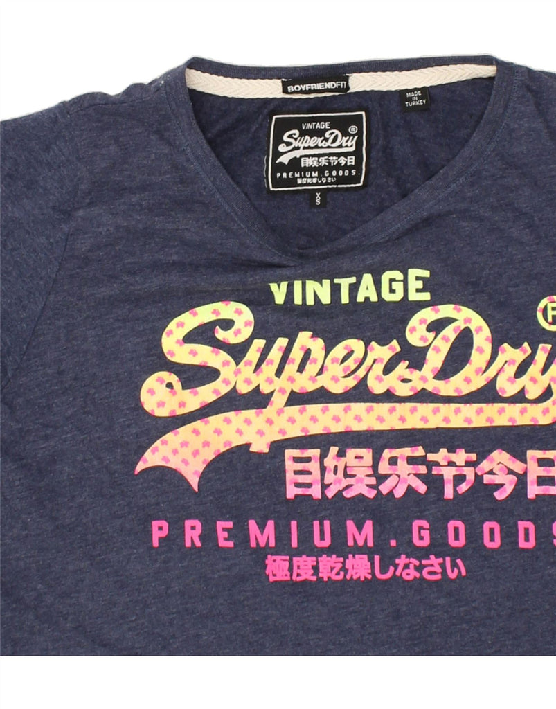 SUPERDRY Womens Boyfriend Fit Graphic T-Shirt Top UK 6 XS Navy Blue Cotton | Vintage Superdry | Thrift | Second-Hand Superdry | Used Clothing | Messina Hembry 