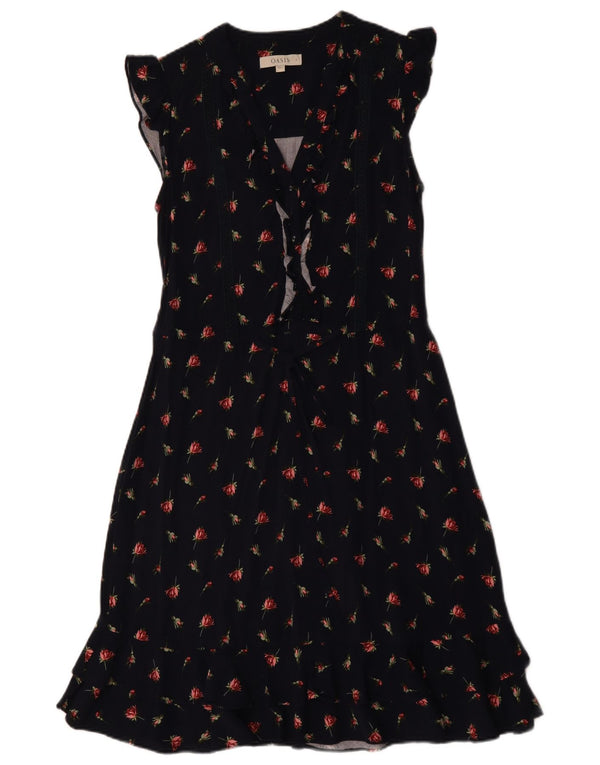 Oasis Womens Ruffle A-Line Dress UK 8 Small Black Floral Cotton