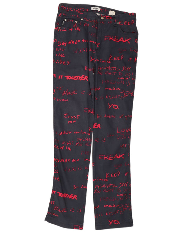 Moschino Womens Graphic Straight Casual Trousers W33 L32 Navy Blue Cotton