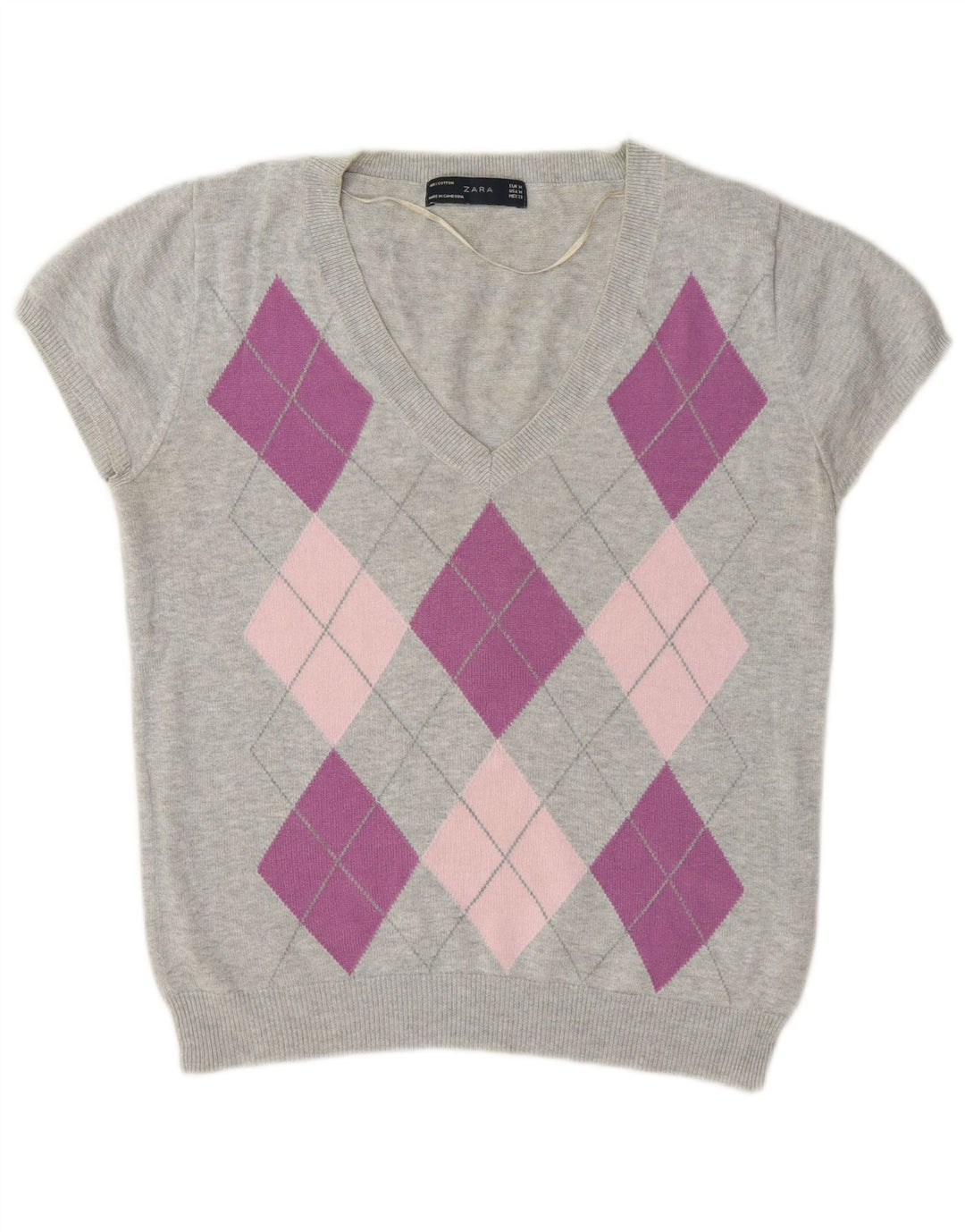 Zara Womens V-Neck Jumper Sweater UK 12 Medium Grey Argyle/Diamond