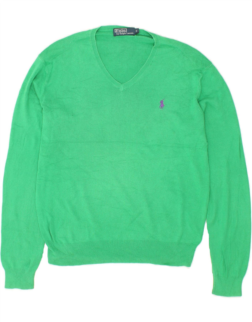 POLO RALPH LAUREN Mens V-Neck Jumper Sweater Small Green Cotton | Vintage Polo Ralph Lauren | Thrift | Second-Hand Polo Ralph Lauren | Used Clothing | Messina Hembry 