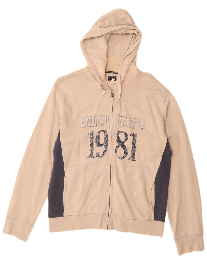ARMANI JEANS Mens Graphic Zip Hoodie Sweater Medium Beige Colourblock