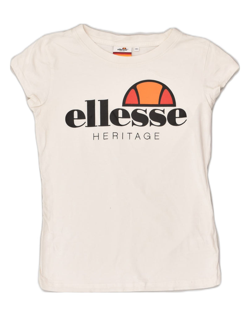 ELLESSE Womens Graphic T-Shirt Top UK 6 XS White Cotton | Vintage Ellesse | Thrift | Second-Hand Ellesse | Used Clothing | Messina Hembry 