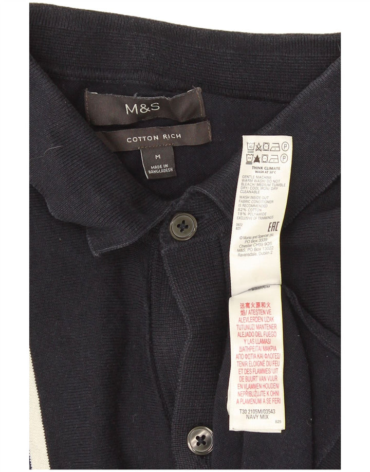 Marks & Spencer Mens Cardigan Sweater Medium Navy Blue Striped Cotton