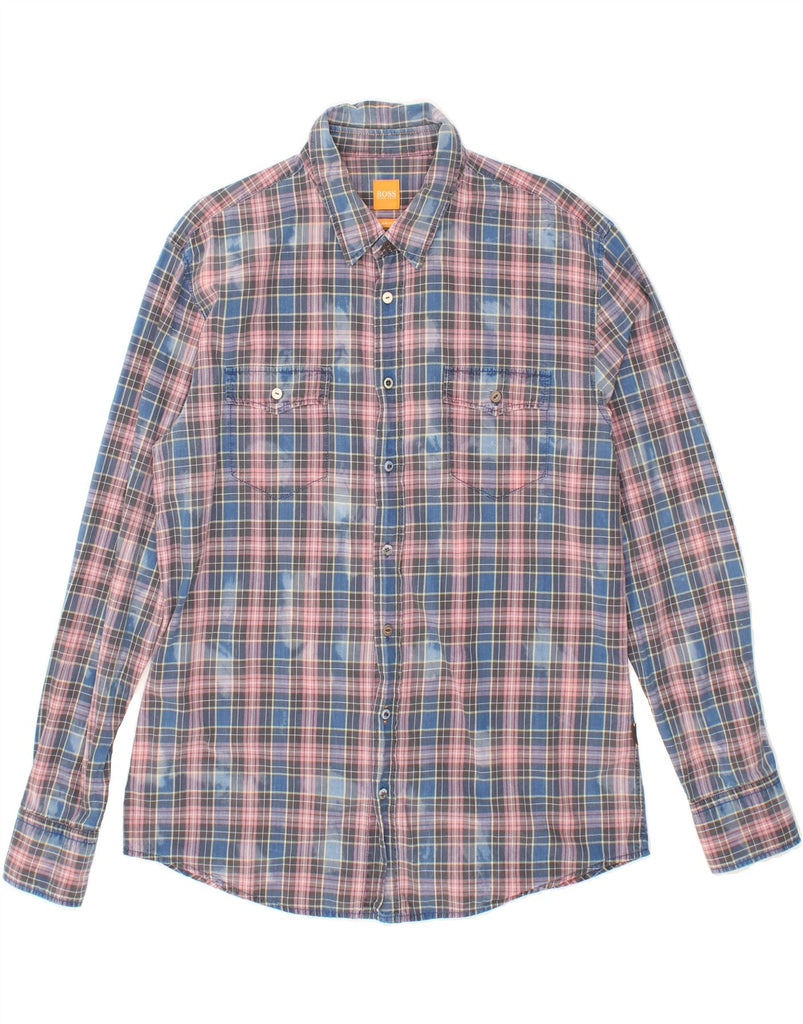 HUGO BOSS Mens Slim Fit Shirt 2XL Blue Check Cotton Vintage Hugo Boss and Second-Hand Hugo Boss from Messina Hembry 