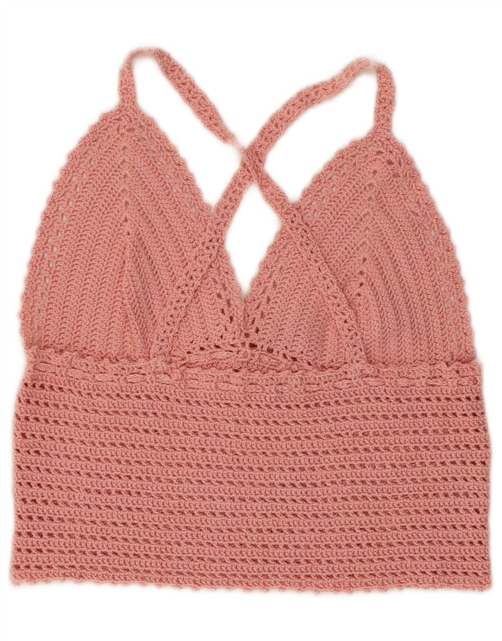 Vintage Womens Crop Crochet Halter Top UK 4 XS Pink