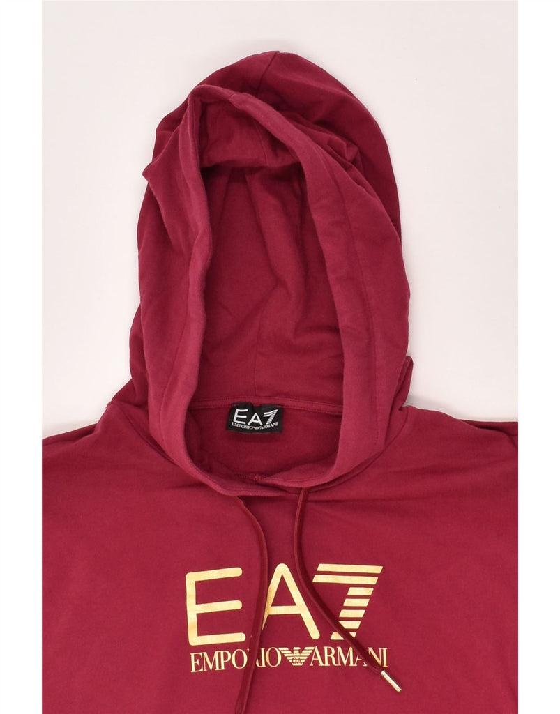 EA7 Womens Crop Graphic Hoodie Jumper UK 14 Medium Burgundy | Vintage EA7 | Thrift | Second-Hand EA7 | Used Clothing | Messina Hembry 