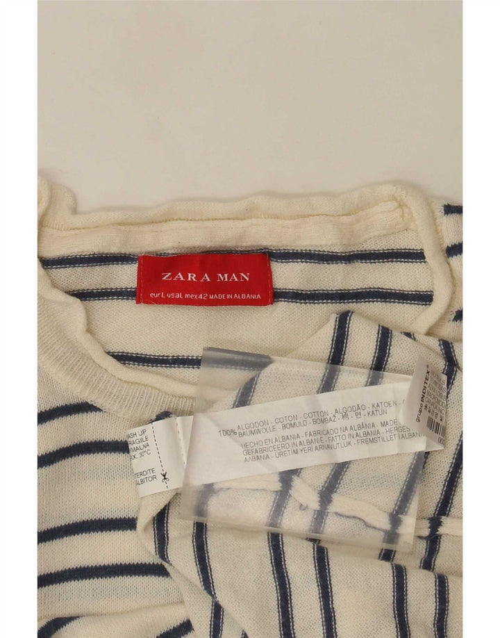 Zara Mens Crew Neck Jumper Sweater Large Off White Striped Cotton