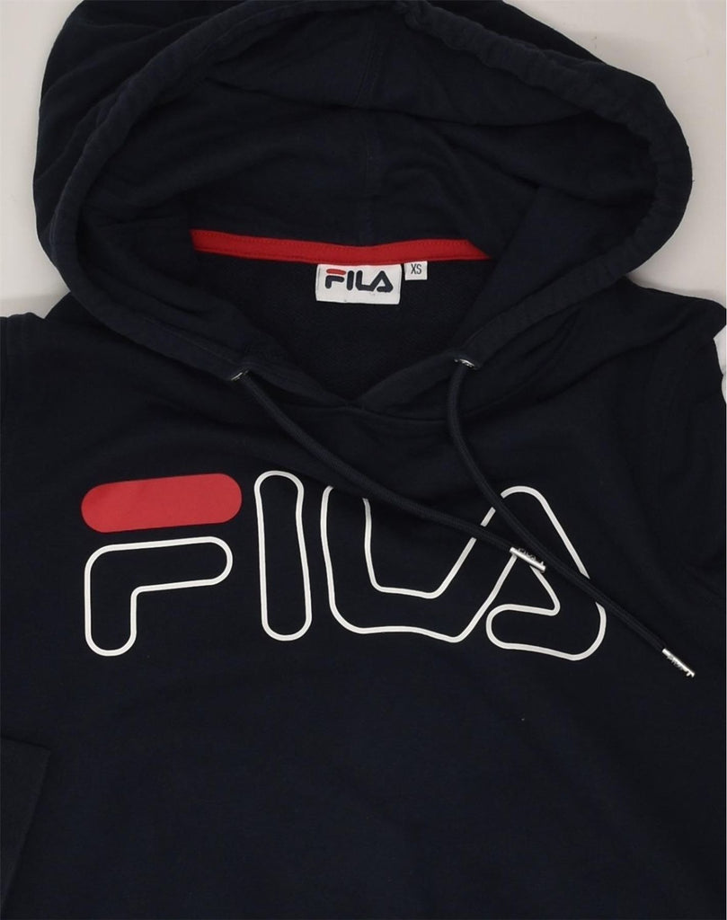 FILA Womens Crop Graphic Hoodie Jumper UK 6 XS Navy Blue Cotton | Vintage Fila | Thrift | Second-Hand Fila | Used Clothing | Messina Hembry 