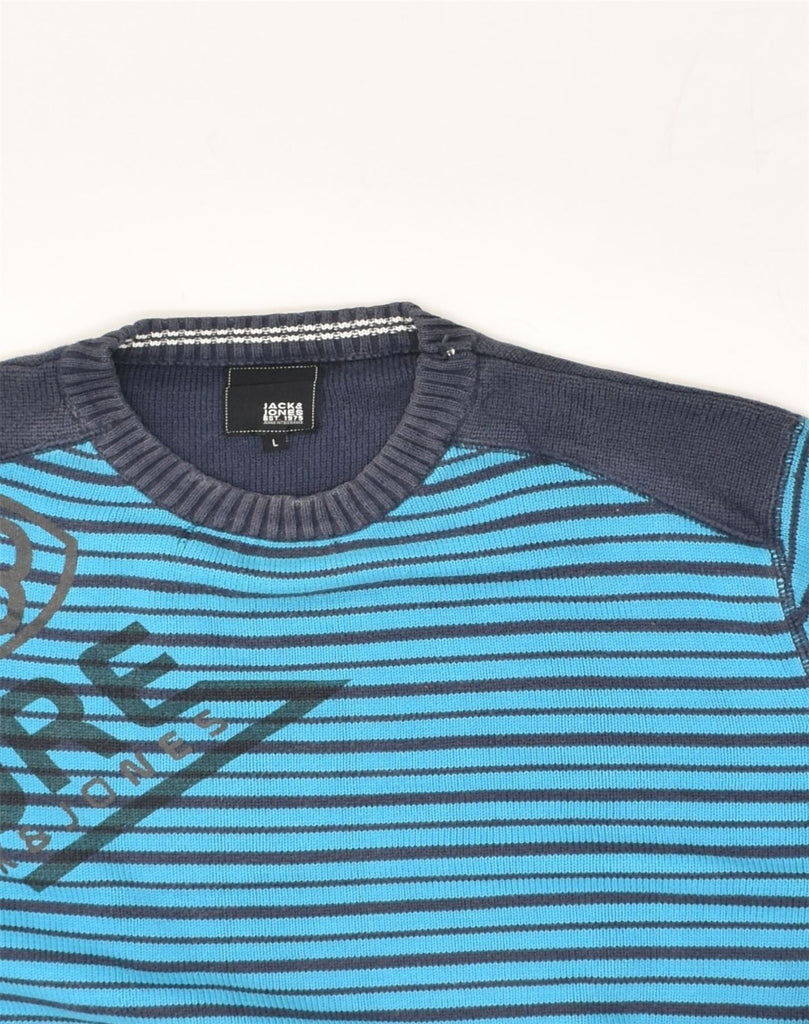 JACK & JONES Mens Graphic Crew Neck Jumper Sweater Large Blue Striped | Vintage Jack & Jones | Thrift | Second-Hand Jack & Jones | Used Clothing | Messina Hembry 