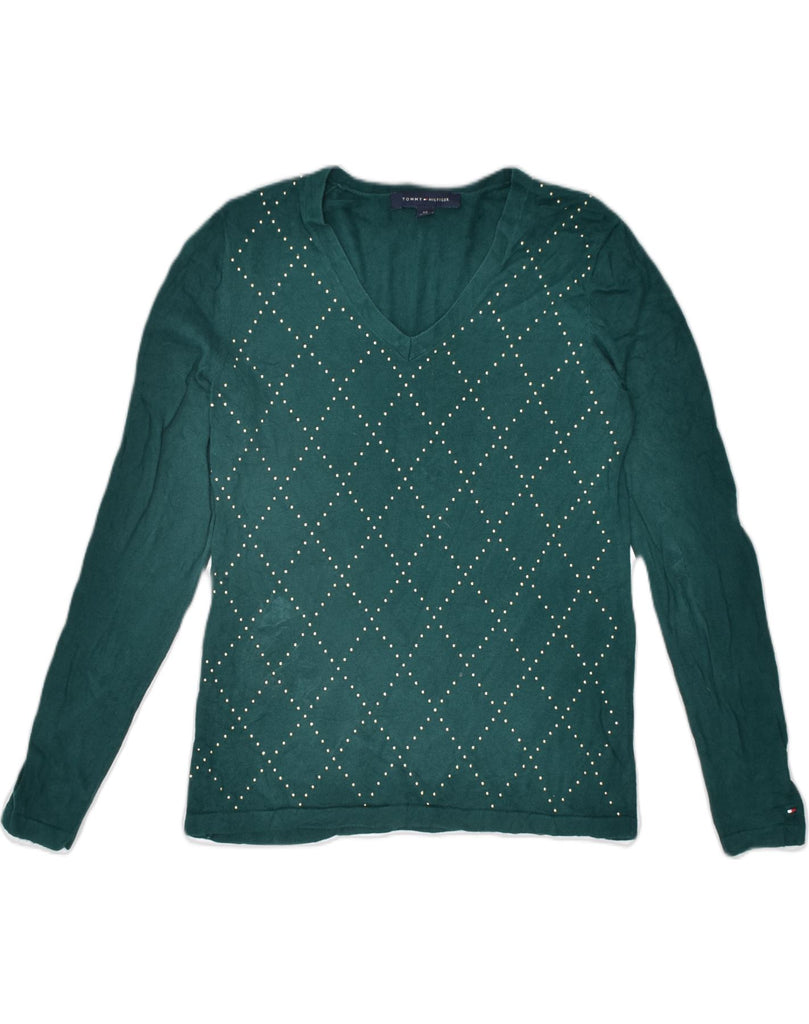 TOMMY HILFIGER Womens V-Neck Jumper Sweater UK 10 Small Green Cotton | Vintage | Thrift | Second-Hand | Used Clothing | Messina Hembry 