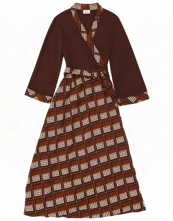 Vintage Womens 3/4 Sleeve Wrap Dress UK 14 Medium Brown Geometric Polyester