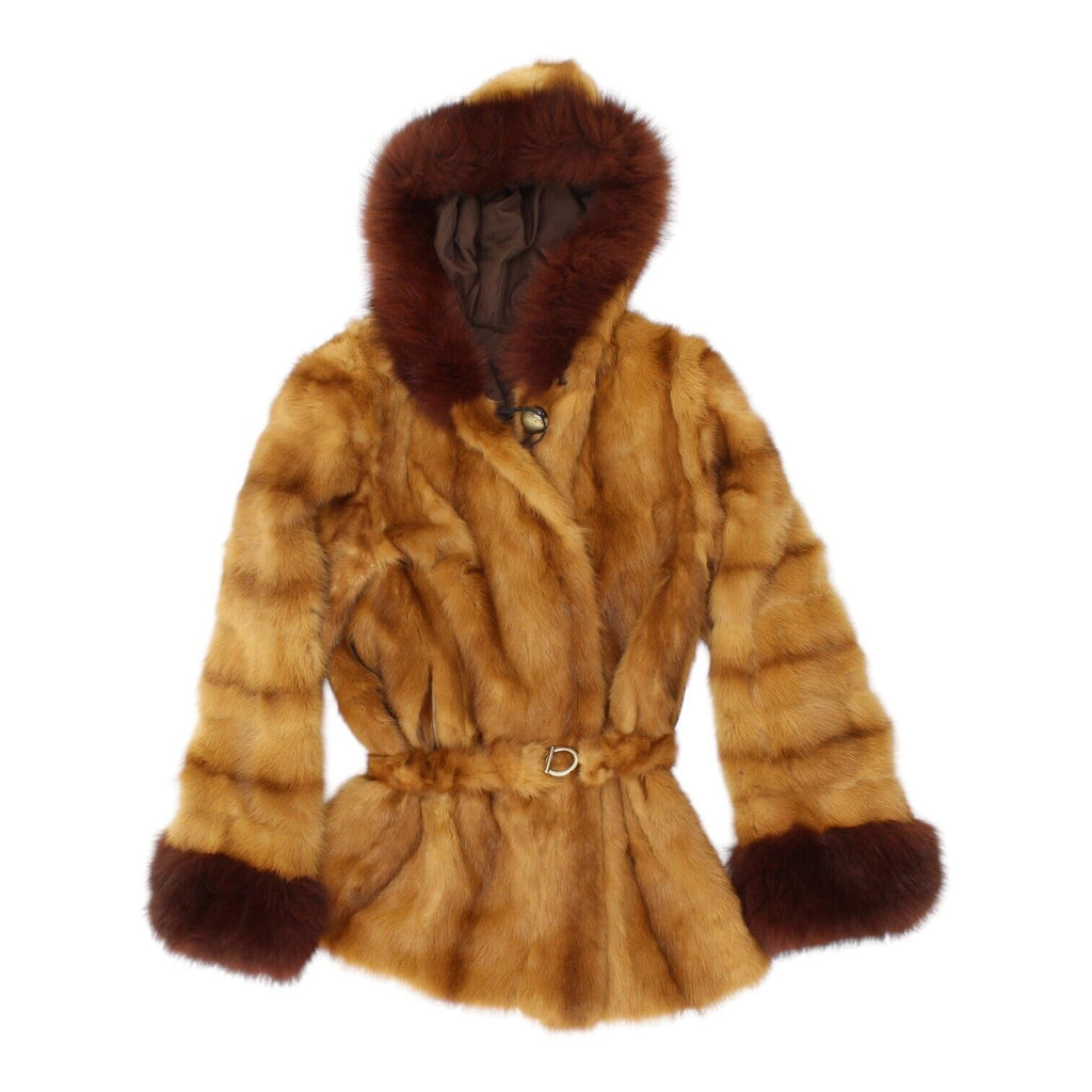 Vintage Womens Brown Hooded Real Fur Coat | High End Luxury Jacket VTG | Vintage Messina Hembry | Thrift | Second-Hand Messina Hembry | Used Clothing | Messina Hembry 