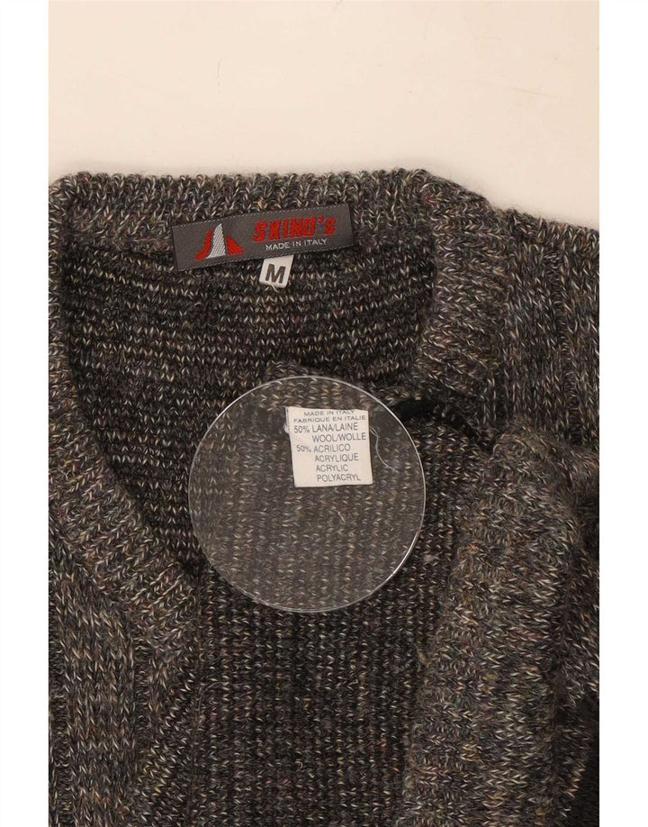 Vintage Mens V-Neck Jumper Sweater Medium Grey Striped Wool