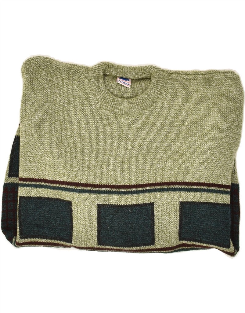 VINTAGE Mens Crew Neck Jumper Sweater Medium Green Colourblock | Vintage Vintage | Thrift | Second-Hand Vintage | Used Clothing | Messina Hembry 