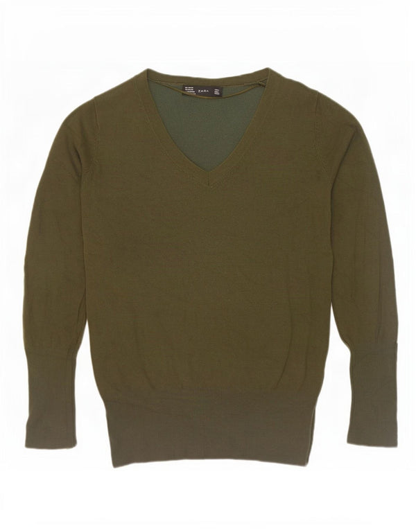 Zara Womens V-Neck Jumper Sweater UK 14 Large Khaki Rayon