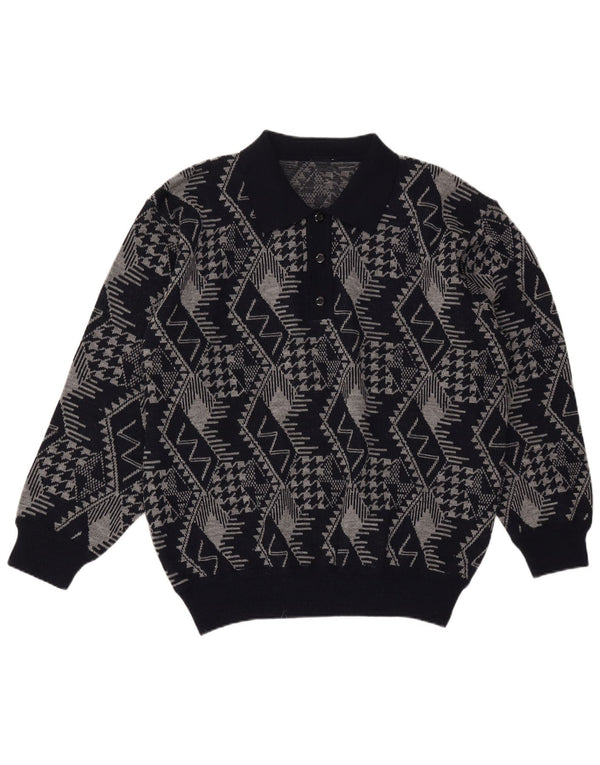 Vintage Mens Polo Neck Jumper Sweater XL Navy Blue Geometric