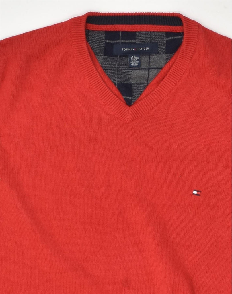 TOMMY HILFIGER Mens V-Neck Jumper Sweater 2XL Red Cotton | Vintage Tommy Hilfiger | Thrift | Second-Hand Tommy Hilfiger | Used Clothing | Messina Hembry 