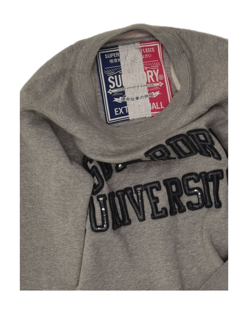 SUPERDRY Womens Graphic Sweatshirt Jumper UK 6 XS  Grey Flecked Polyester Vintage Superdry and Second-Hand Superdry from Messina Hembry 