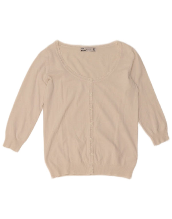 Zara Womens 3/4 Sleeve Cardigan Sweater UK 10 Small White Cotton