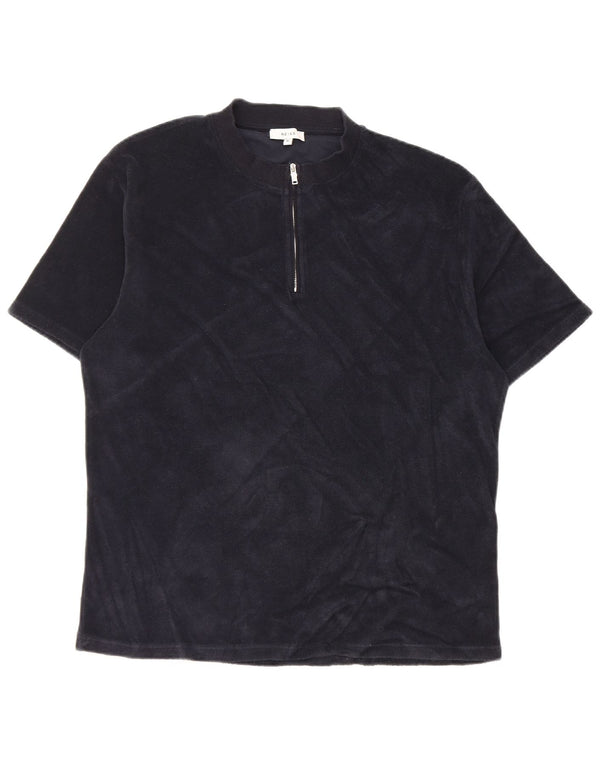 Reiss Mens Zip Neck T-Shirt Top XL Navy Blue Cotton