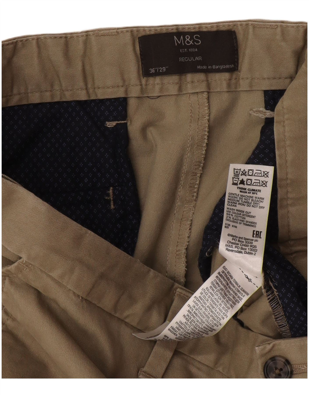 Marks & Spencer Mens Regular Straight Chino Trousers W36 L29 Beige Cotton
