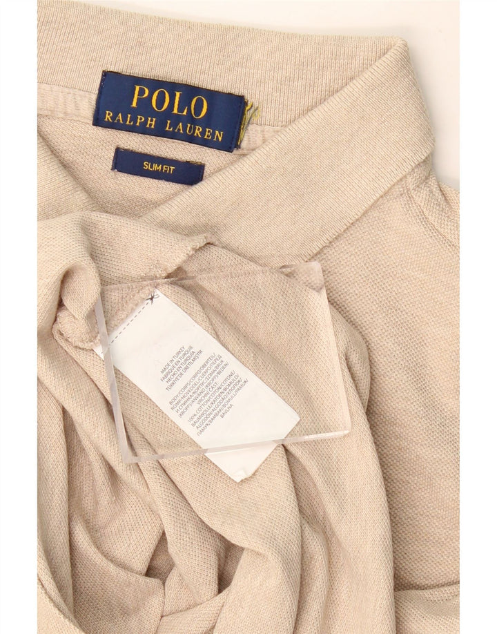 POLO RALPH LAUREN Mens Slim Fit Polo Shirt Small Beige Flecked Cotton