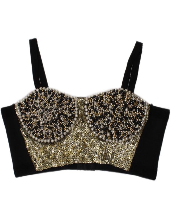 Vintage Womens Sequin Crop Corset Top Medium Black Viscose