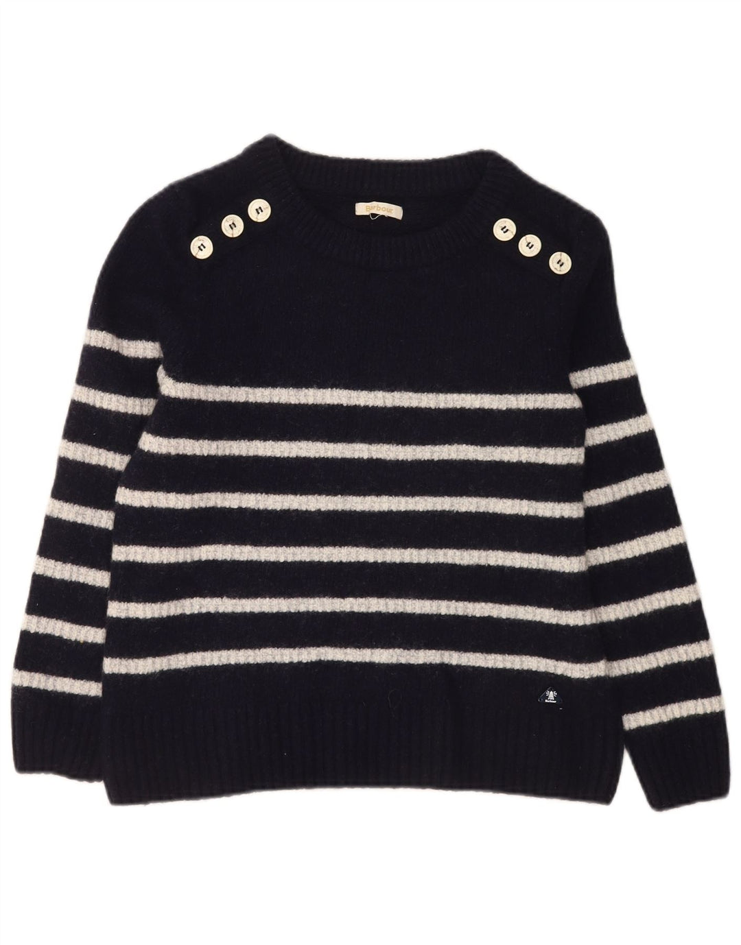 Barbour Womens Boat Neck Jumper Sweater UK 14 Medium Navy Blue Striped Wool
