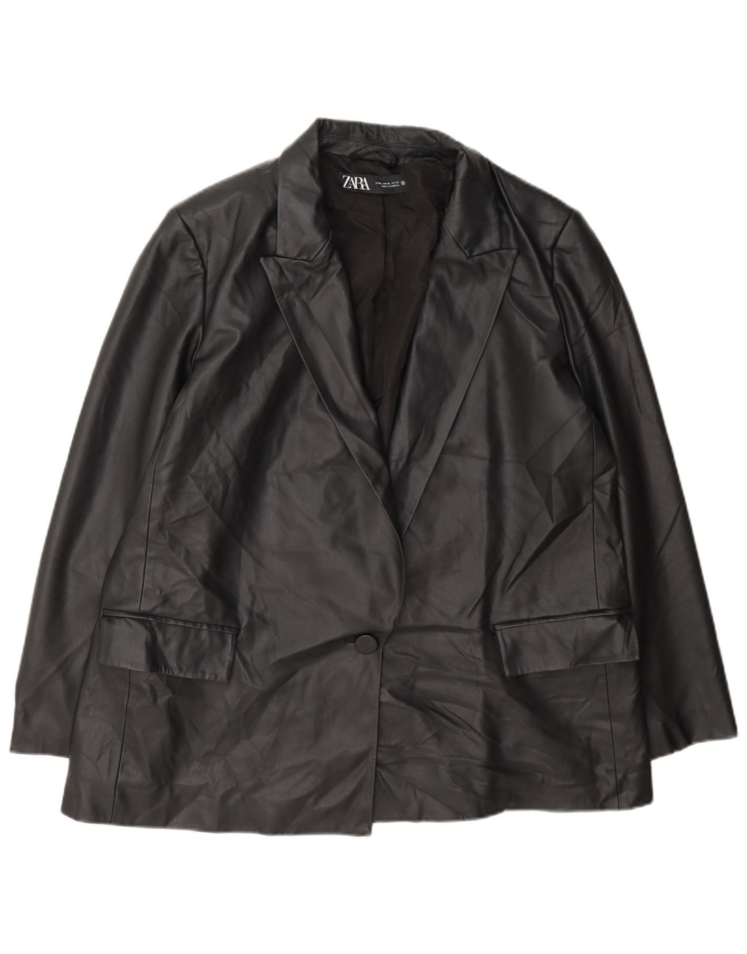 Zara Womens 1 Button Faux Leather Blazer Jacket UK 18 XL Black Polyethylene