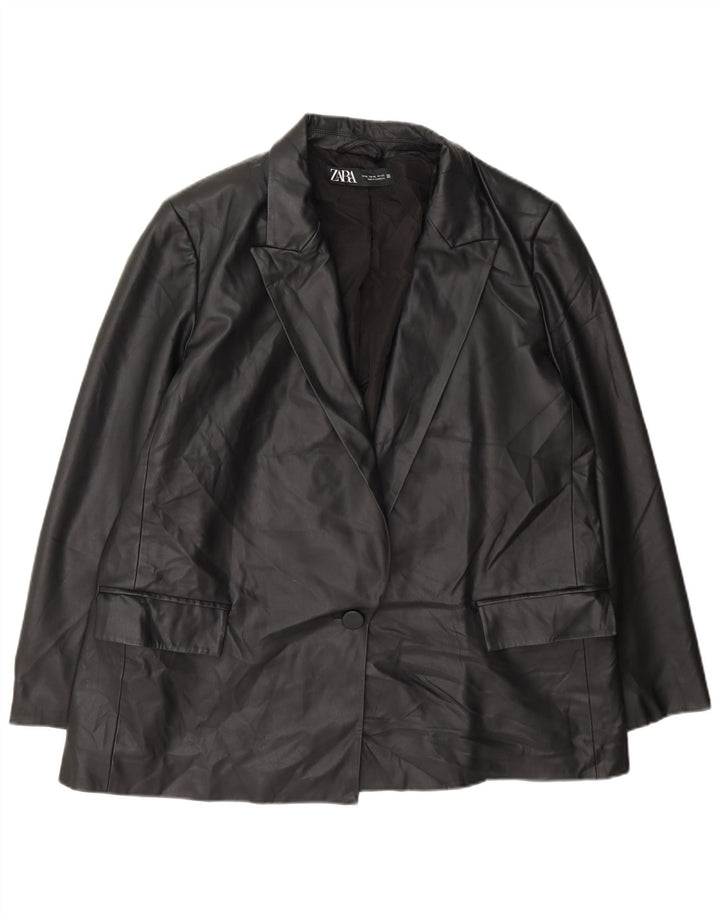 Zara Womens 1 Button Faux Leather Blazer Jacket UK 18 XL Black Polyethylene