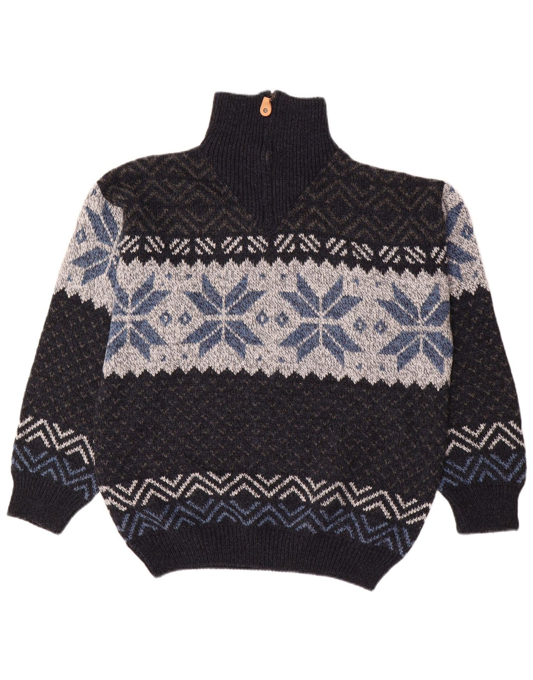 CANDA Mens Zip Neck Jumper Sweater Large Navy Blue Fair Isle Acrylic
