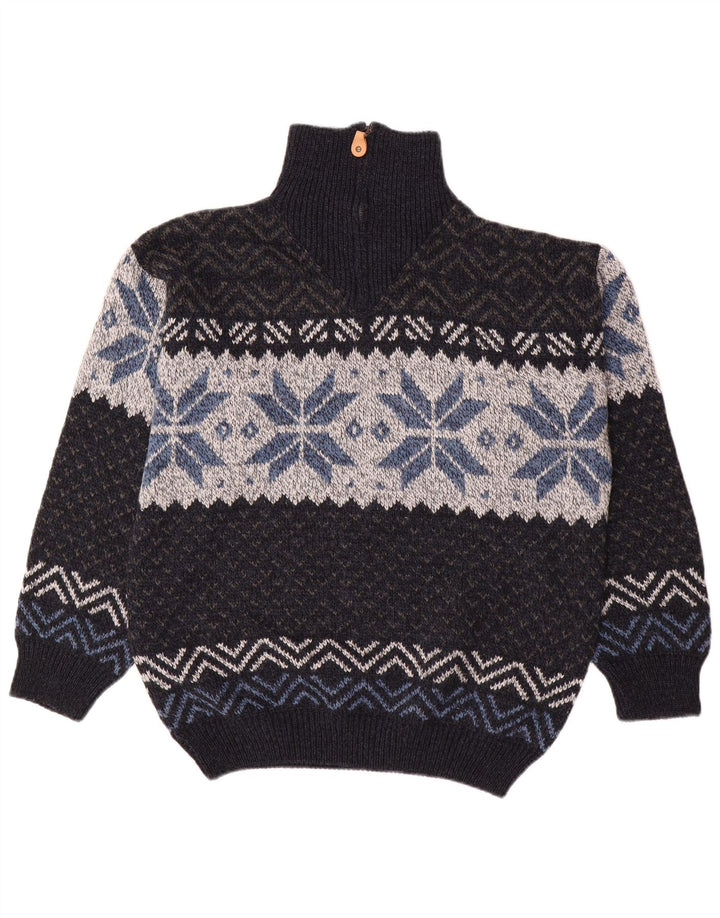 CANDA Mens Zip Neck Jumper Sweater Large Navy Blue Fair Isle Acrylic