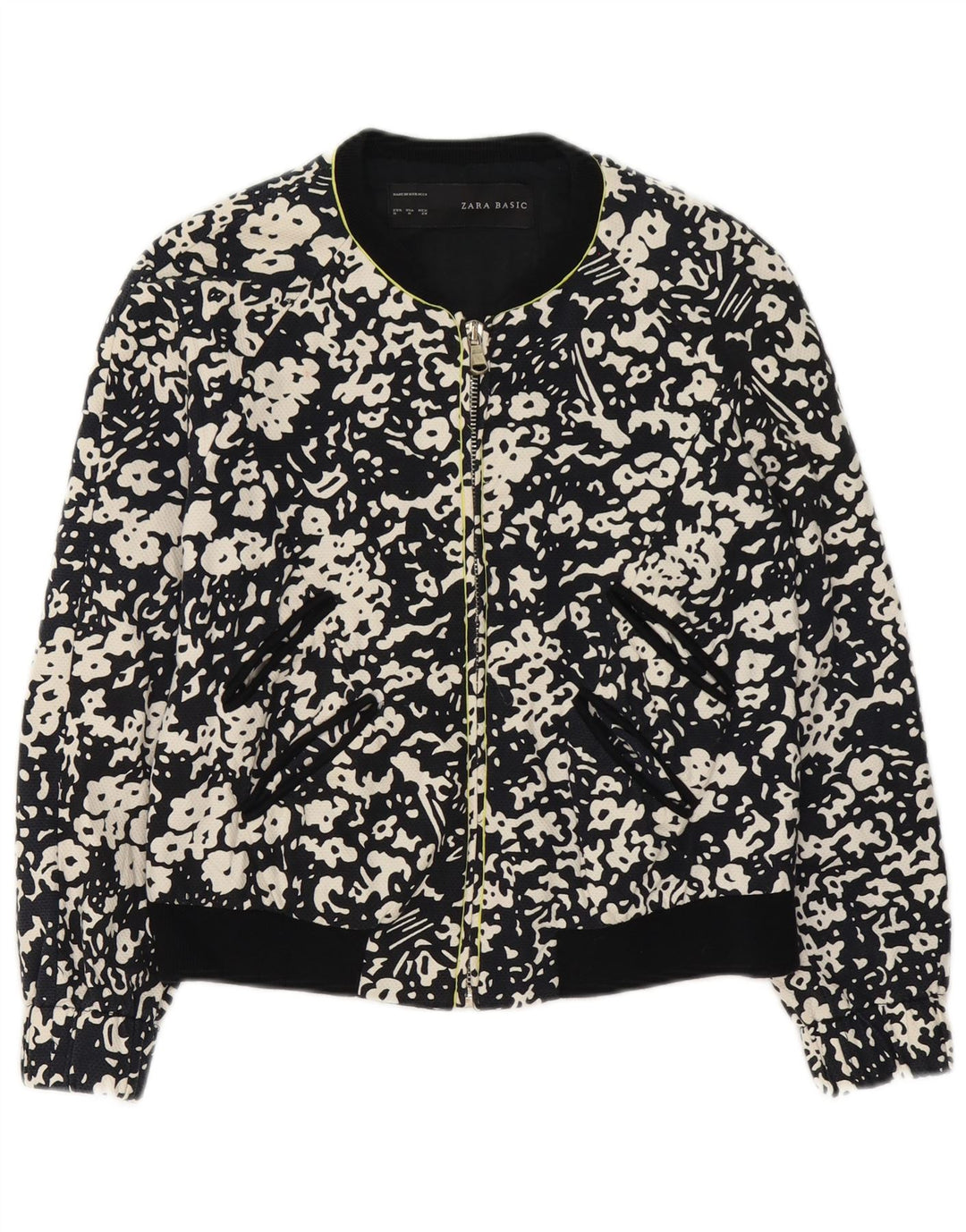 Zara Womens Full Zip Bomber Jacket UK 14 Medium Black Floral Cotton