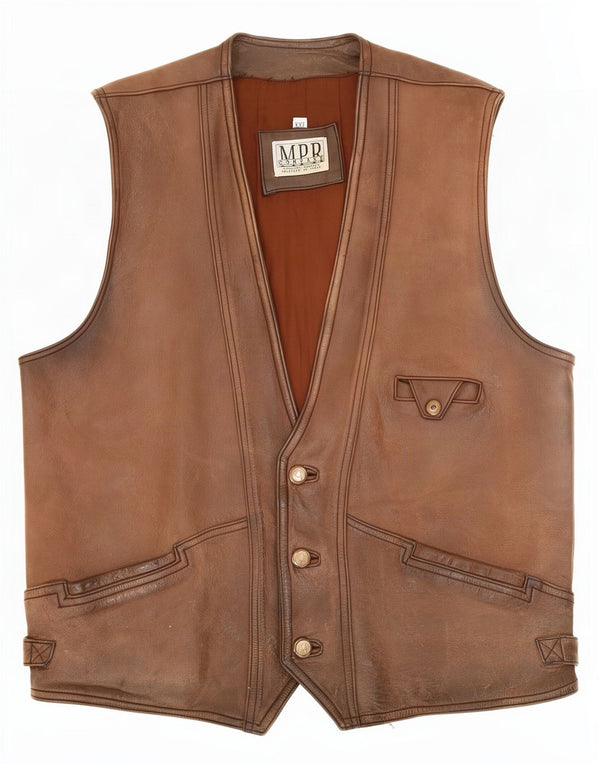 Vintage Mens Leather Waistcoat 2XL Brown