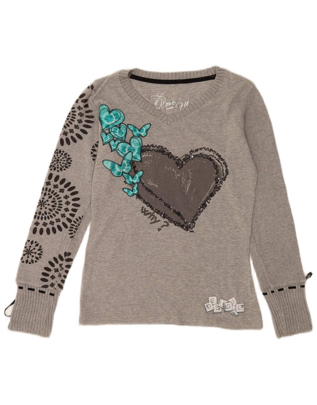 Desigual Womens Graphic Top Long Sleeve UK 14 Medium Grey Heart