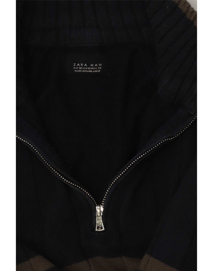 Zara Mens Zip Neck Jumper Sweater Medium Navy Blue Striped