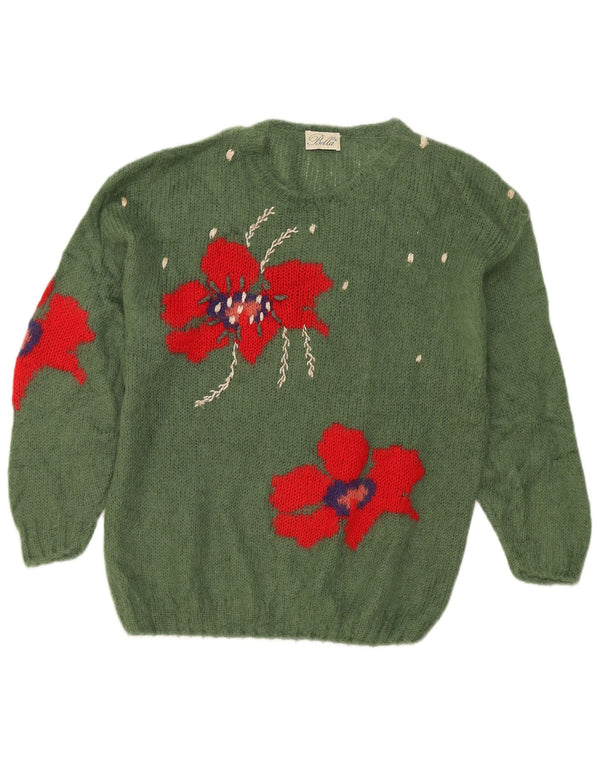 Vintage Womens Graphic Boat Neck Jumper Sweater UK 20 2XL Green Floral
