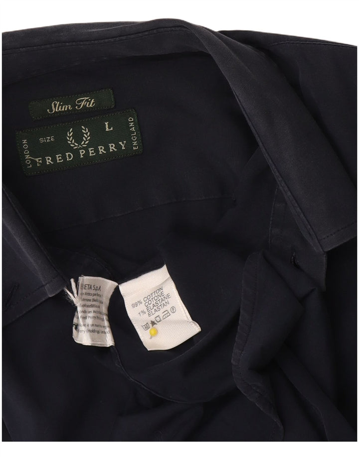 Fred Perry Mens Slim Fit Shirt Large Navy Blue Cotton