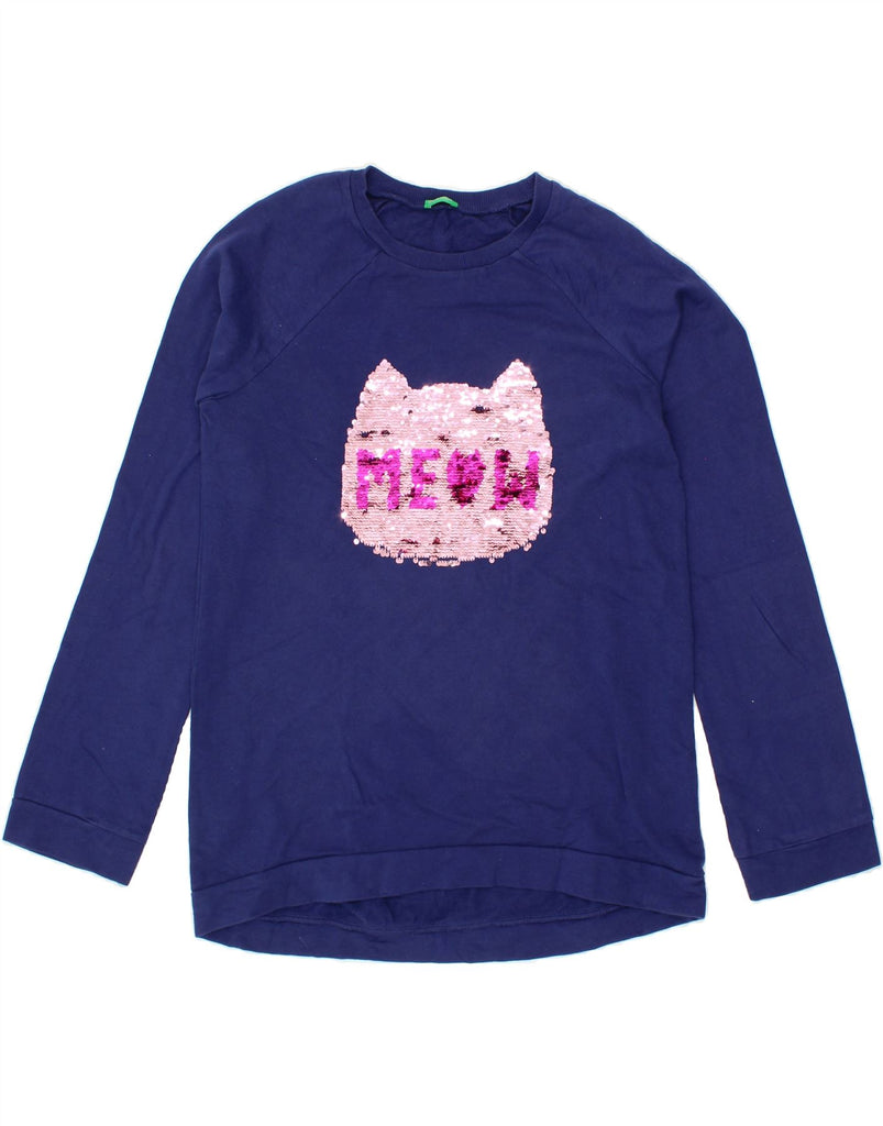 BENETTON Girls Graphic Sweatshirt Jumper 13-14 Years Navy Blue Cotton Vintage Benetton and Second-Hand Benetton from Messina Hembry 