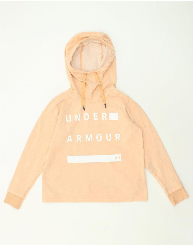 UNDER ARMOUR Womens Graphic Hoodie Jumper UK 10 Small Beige Cotton | Vintage Under Armour | Thrift | Second-Hand Under Armour | Used Clothing | Messina Hembry 